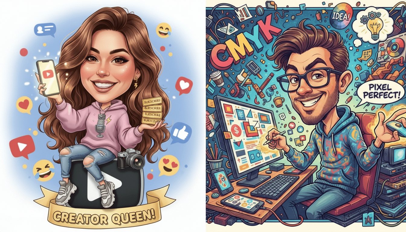 Two cartoon images side-by-side. The left image shows a smiling woman with brown hair, wearing a pink hoodie and jeans, sitting on a YouTube play button. She holds a phone displaying a video and several subscribe cards. The right image shows a smiling man with glasses and a beard, wearing a colorful hoodie, sitting at a desk with a computer and various design tools. The background is filled with creative elements and the text CMYK and PIXEL PERFECT!.