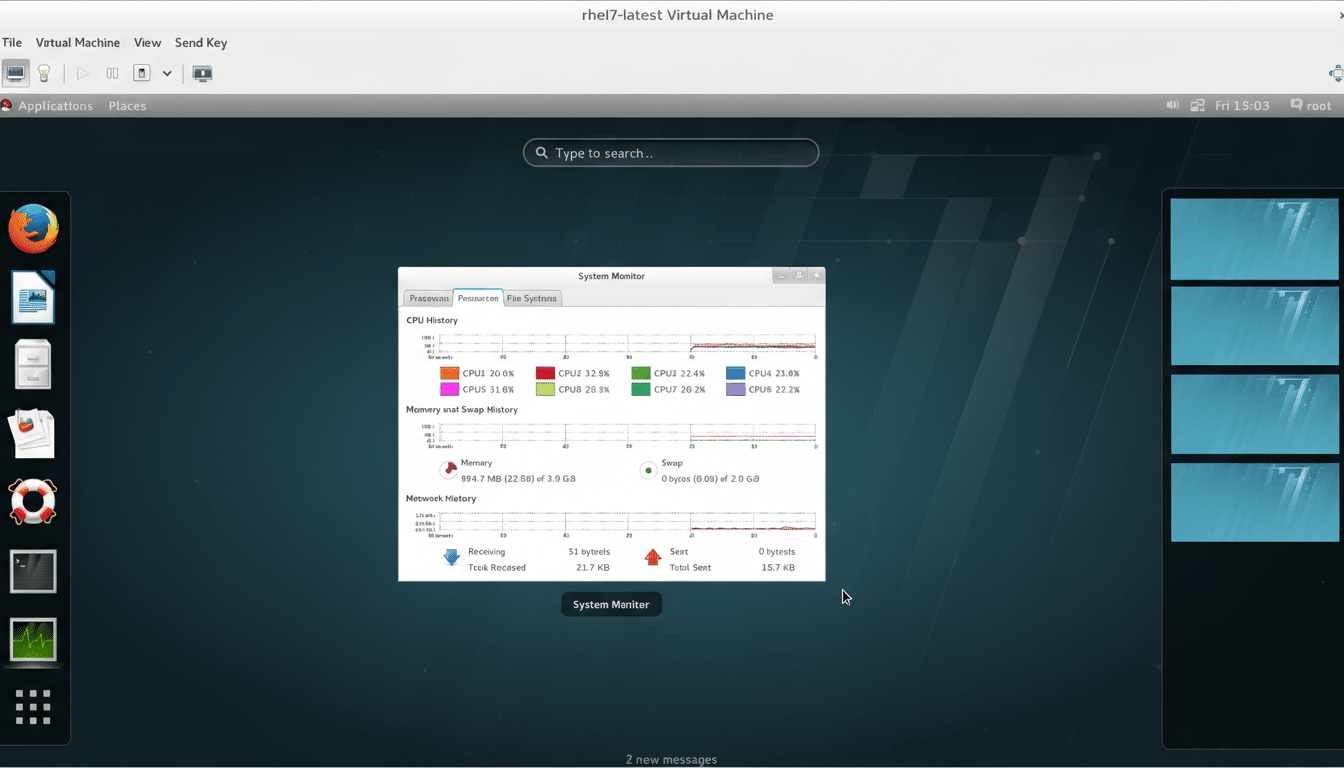 A screenshot of a virtual machine running a system monitor application, displaying CPU, memory, and network history.