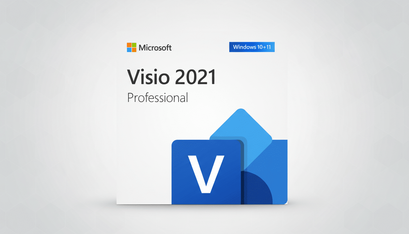Microsoft Visio 2021 Professional software box art with a 16:9 aspect ratio, featuring the Visio icon and Windows 10+11 badge on a professional flat design background with soft patterns.