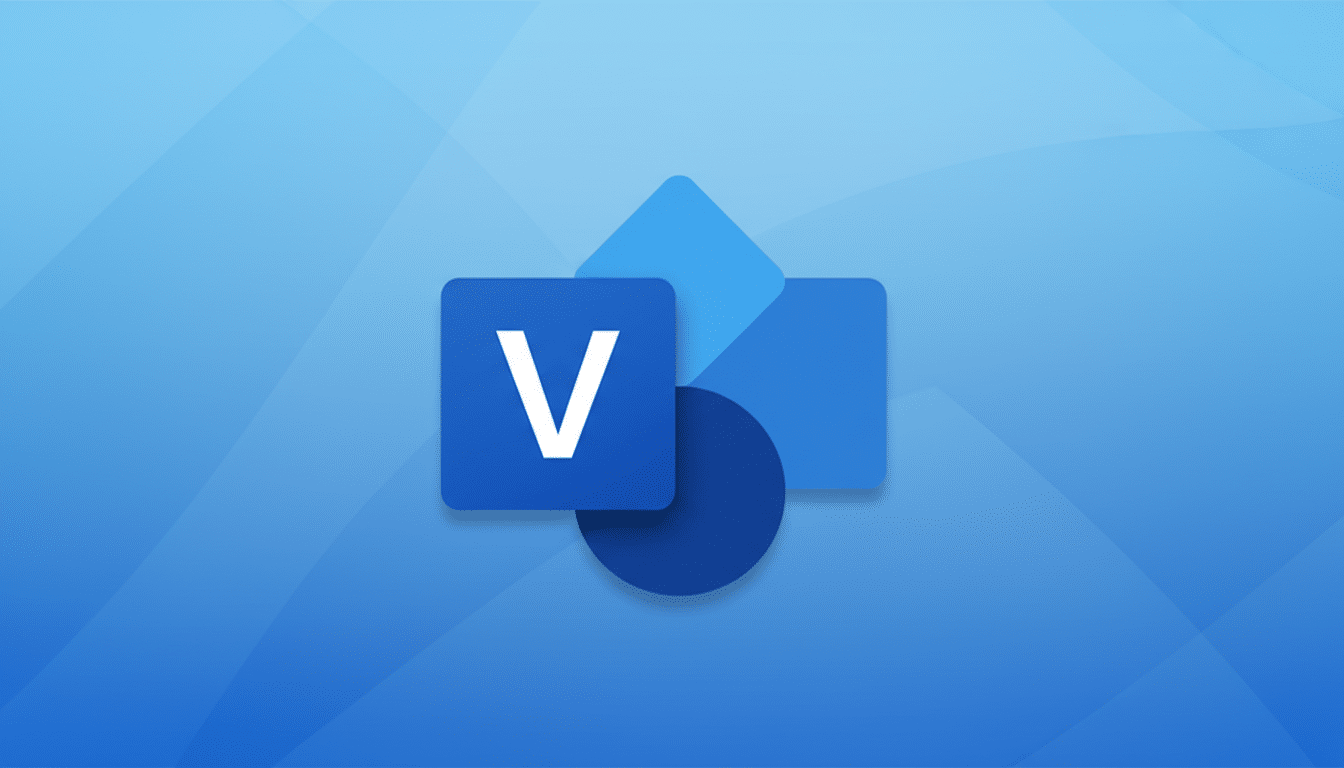 A 16:9 aspect ratio image featuring the blue Microsoft Visio icon with a white V on a professional blue gradient background with subtle geometric patterns.