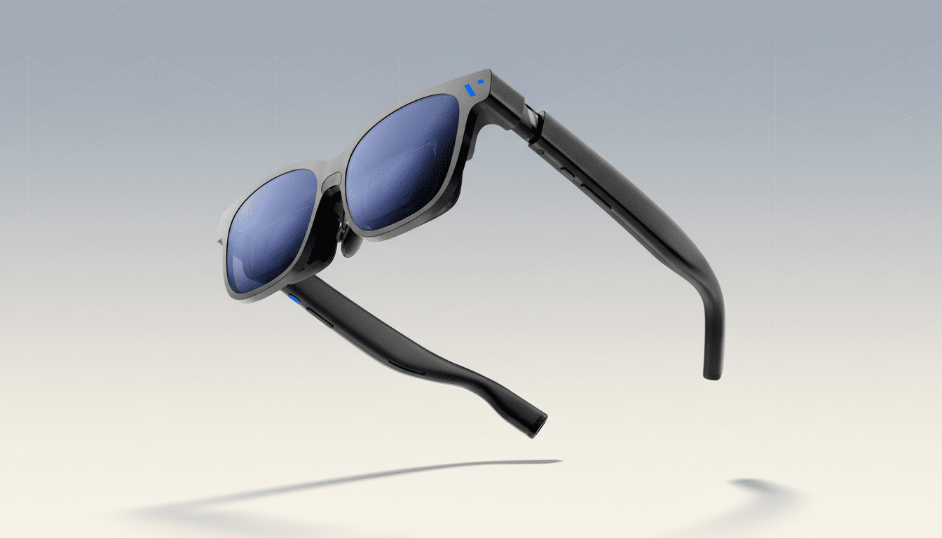 A pair of smart glasses with blue lenses and black frames, floating above a subtle gradient background with a geometric pattern.