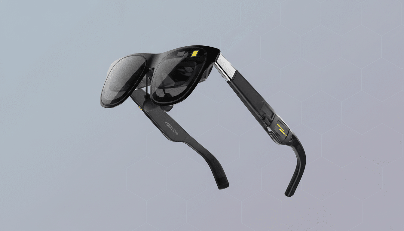 A pair of black XREAL One smart glasses with a subtle gray geometric background.