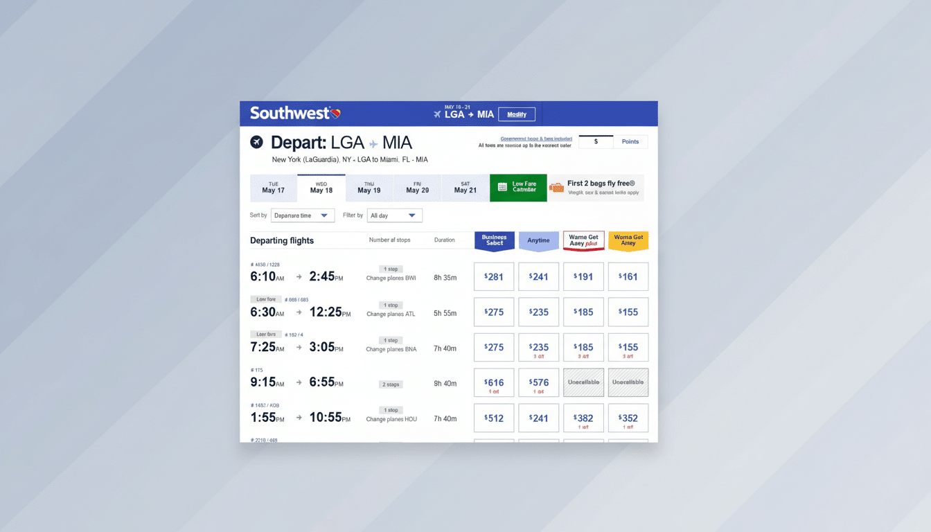 A screenshot of the Southwest Airlines flight search results page, showing various flight options from LGA to MIA with prices and times. The image has been resized to a 16:9 aspect ratio with a professional flat design background.