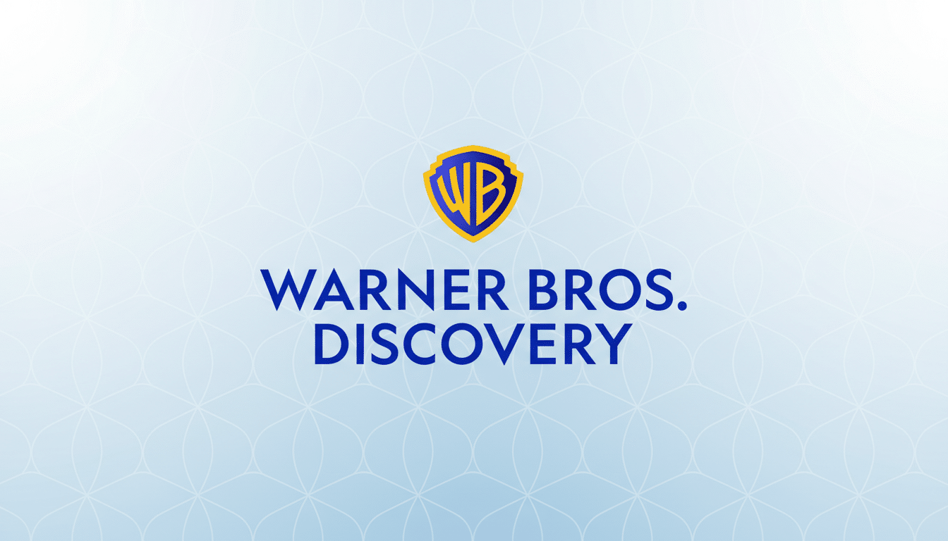 The Warner Bros. Discovery logo, featuring a blue and gold shield with WB inside, centered above the words WARNER BROS. DISCOVERY in blue text, all set against a light blue background with a subtle geometric pattern.