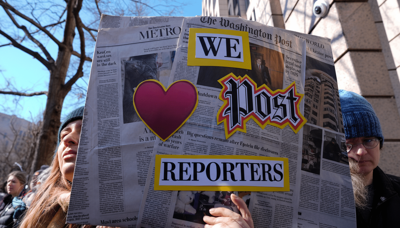 A person holding up a large sign made from newspaper pages with WE ❤️ POST REPORTERS written on it, at an outdoor event.