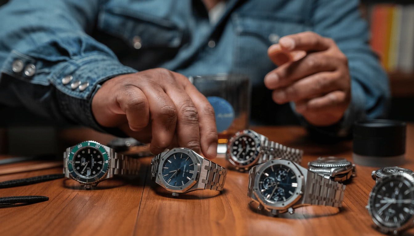A person in a denim shirt reaching for a luxury watch on a wooden table, surrounded by several other high-end watches.