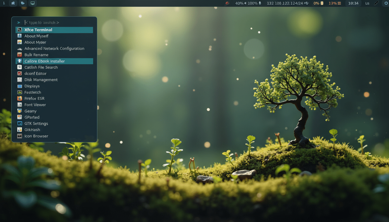 A desktop screenshot showing the Xfce Terminal application open on a nature-themed background with a small tree on a mossy hill.