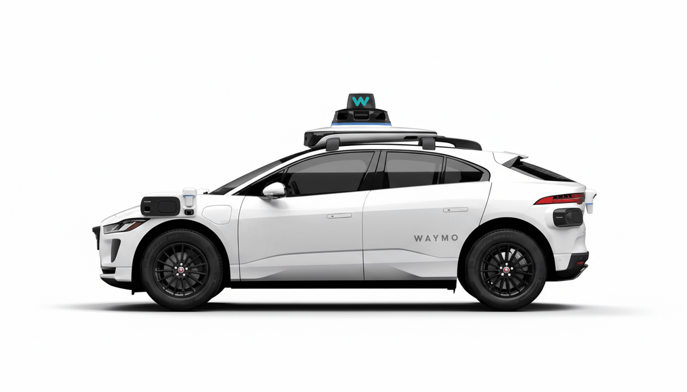 A white Waymo self-driving car, a Jaguar I-PACE, is shown in a side profile against a clean white background. The car features various sensors and a prominent Waymo logo on its roof.