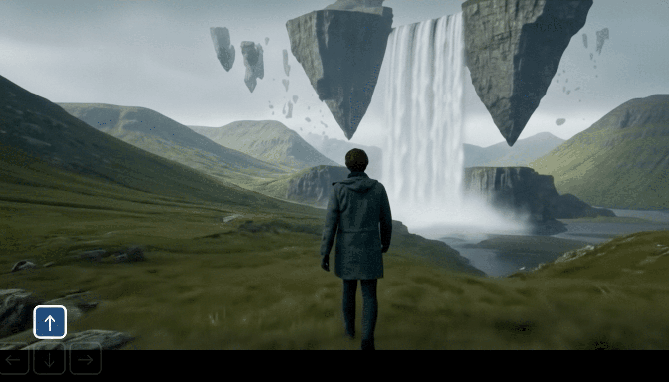 A person in a green coat walks towards a large waterfall cascading from a floating island in a lush, green valley.