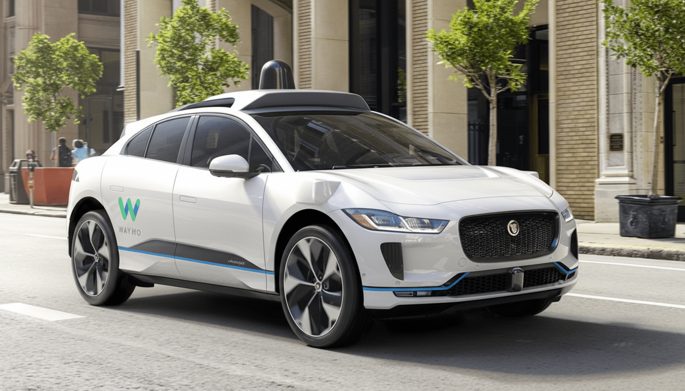 A white Waymo self-driving car, a Jaguar I-PACE, driving on a city street with buildings and trees in the background.
