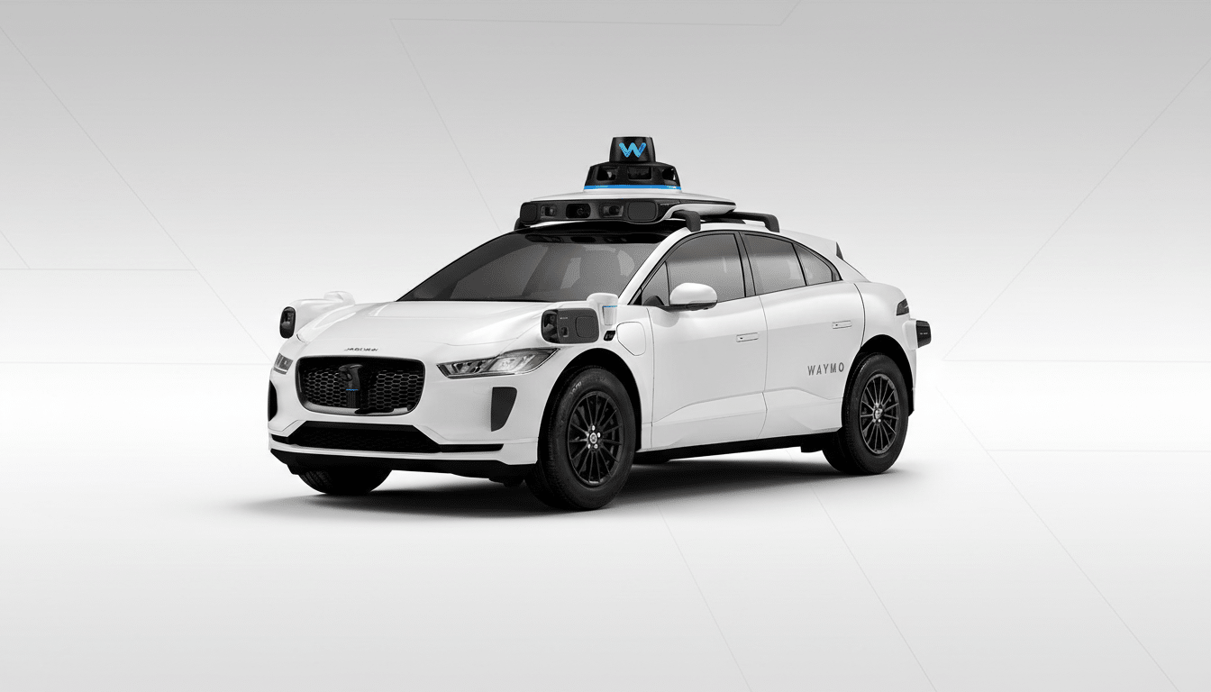 A white Waymo self-driving car, a Jaguar I-PACE, is shown from a front-quarter angle against a clean, professional light gray background with subtle geometric patterns.