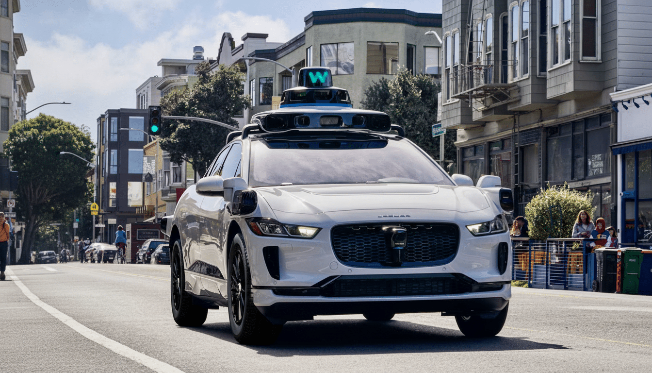A white self-driving car with a W on its roof drives down a city street.