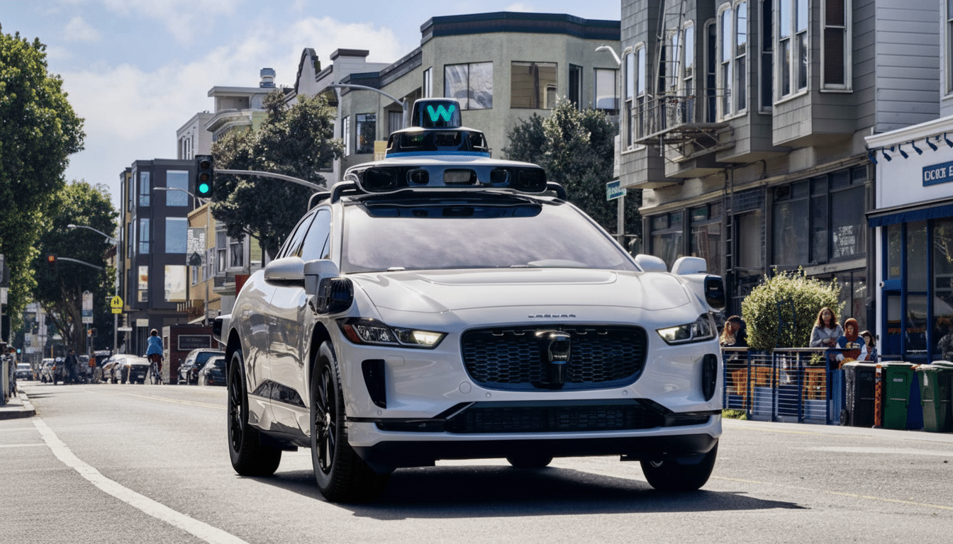 A white self-driving car with a W logo on its roof drives down a city street.
