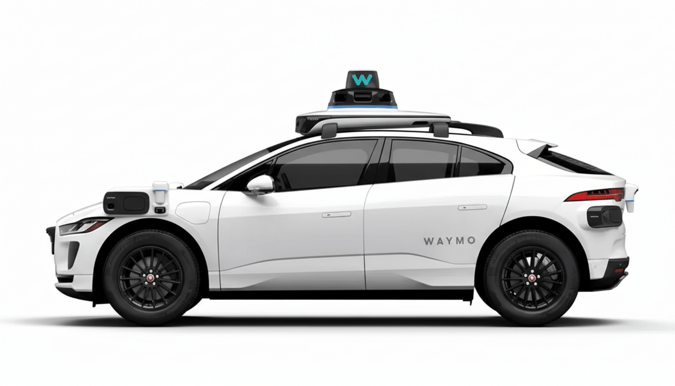 A white Waymo self-driving car, a Jaguar I-PACE, is shown in a side profile against a clean white background. The car features various sensors and a prominent Waymo logo on its roof.
