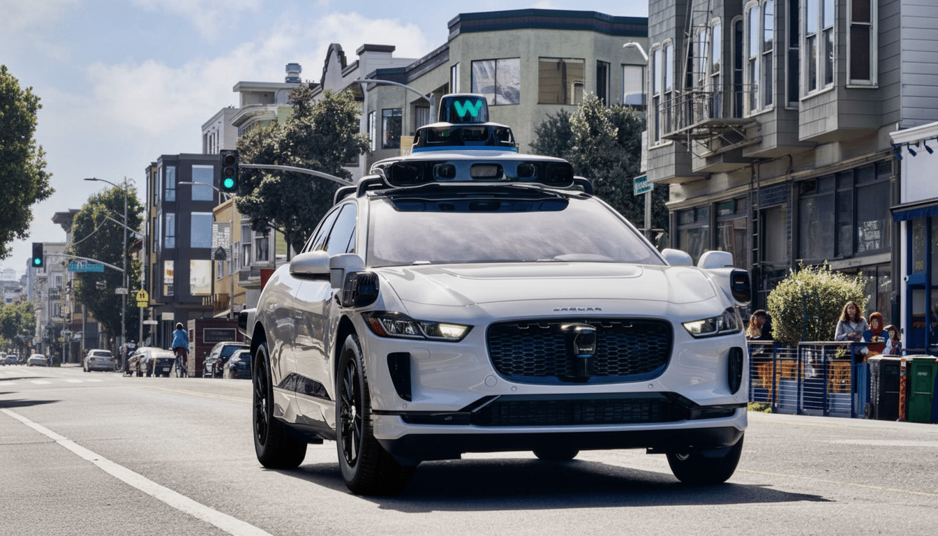 A white self-driving car with a W logo on its roof drives down a city street.