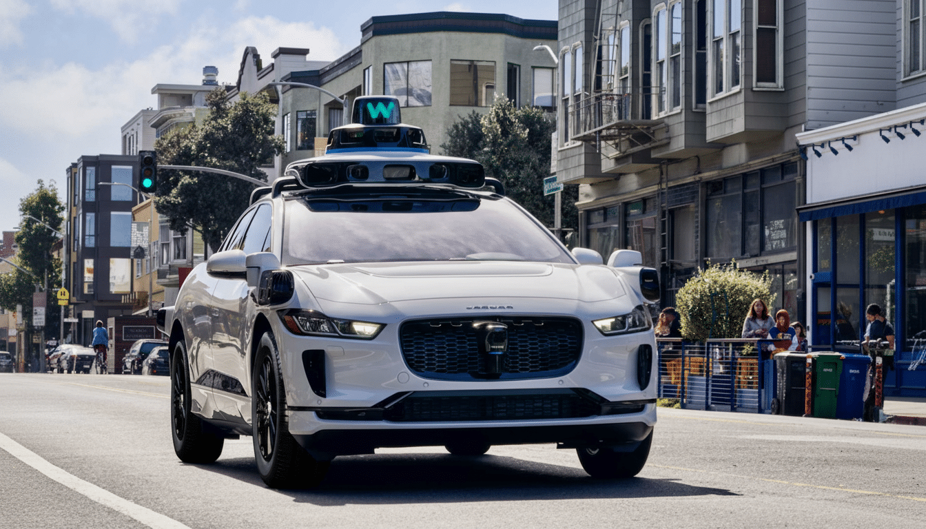 A white self-driving car with a W logo on its roof drives down a city street.