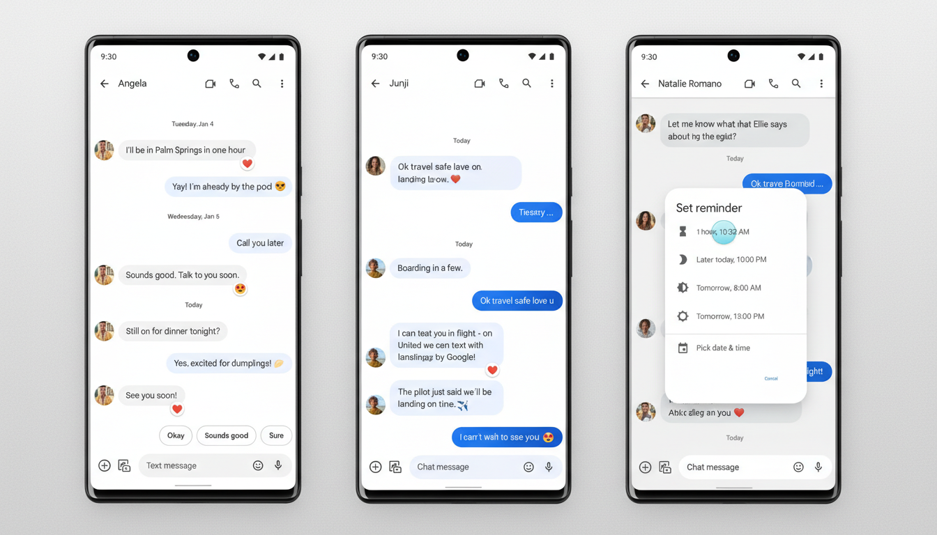 Three Google Pixel phones displaying different Google Messages screens. The left phone shows a conversation with Angela, the middle with Junji, and the right with Natalie Romano and a Set reminder pop-up.