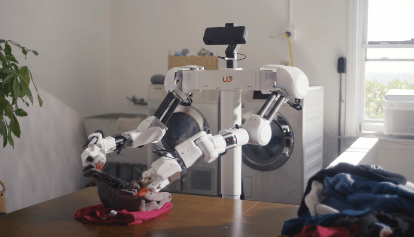 A white robot with two arms is shown in a laundry room, picking up clothes from a basket on a wooden table. In the background, a washing machine and dryer are visible, along with a window letting in natural light.