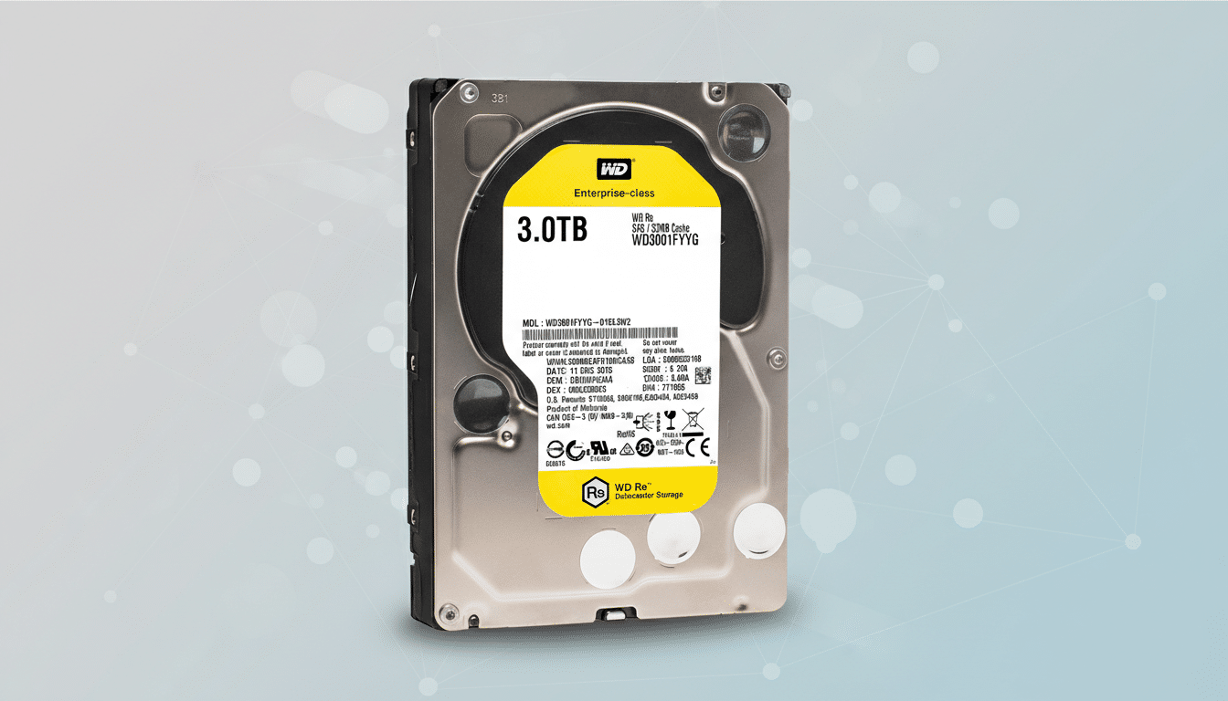 A Western Digital 3.0TB Enterprise-class hard drive with a yellow label, presented on a professional light blue and gray gradient background with subtle geometric patterns.
