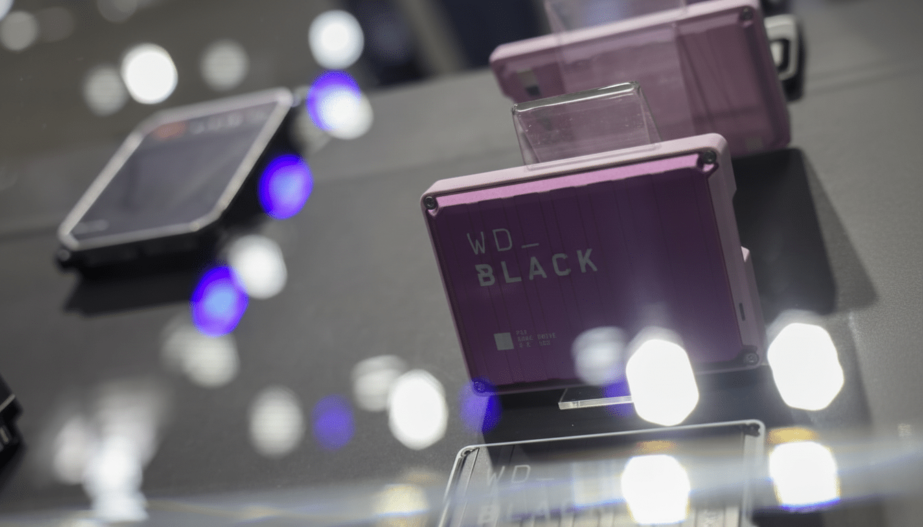 A close-up shot of a purple WDBLACK external hard drive, with other blurred devices and bokeh lights in the background.