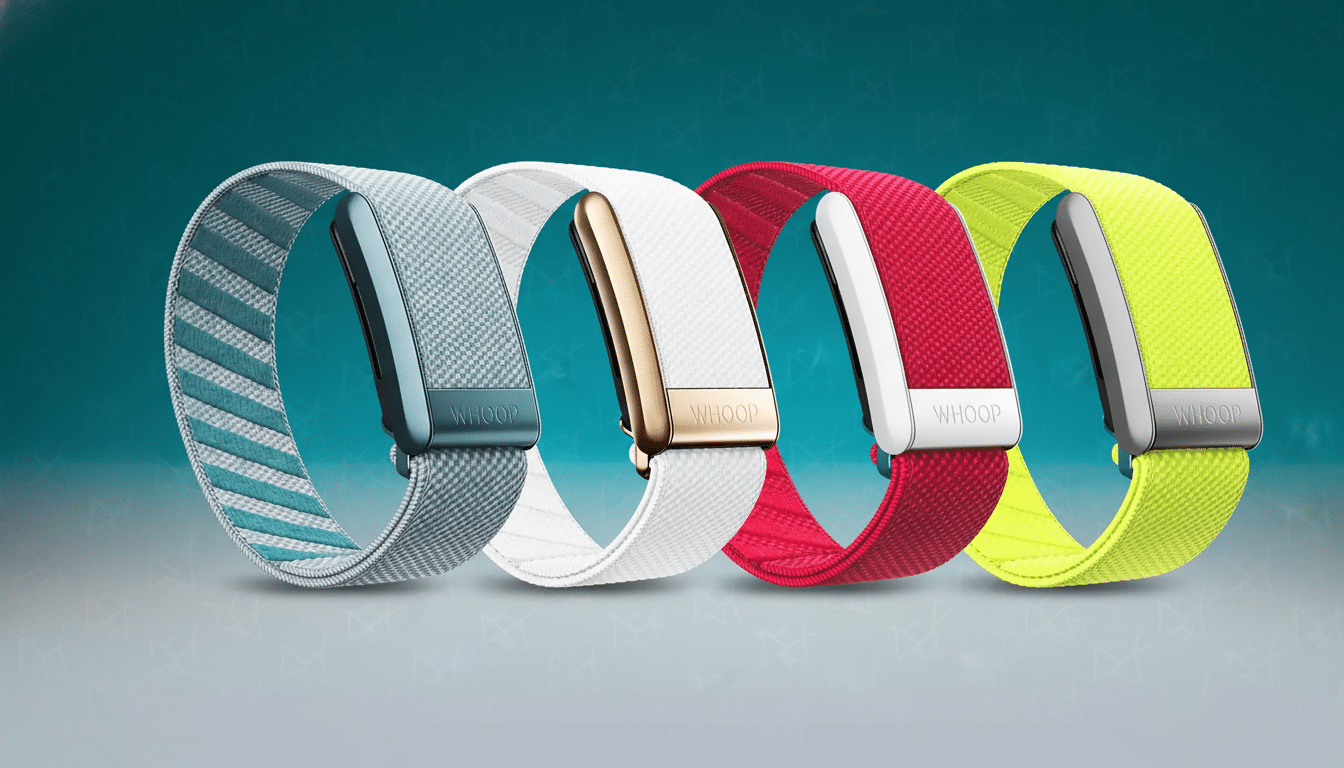 Four Whoop fitness trackers in different colors (blue, white, red, and yellow) are displayed in a row against a teal background with subtle geometric patterns.