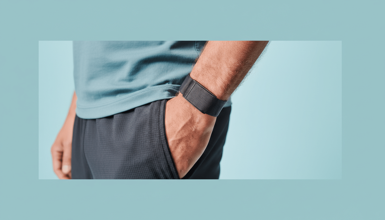 A persons arm wearing a black fitness tracker, with their hand in a pocket, set against a light blue background.