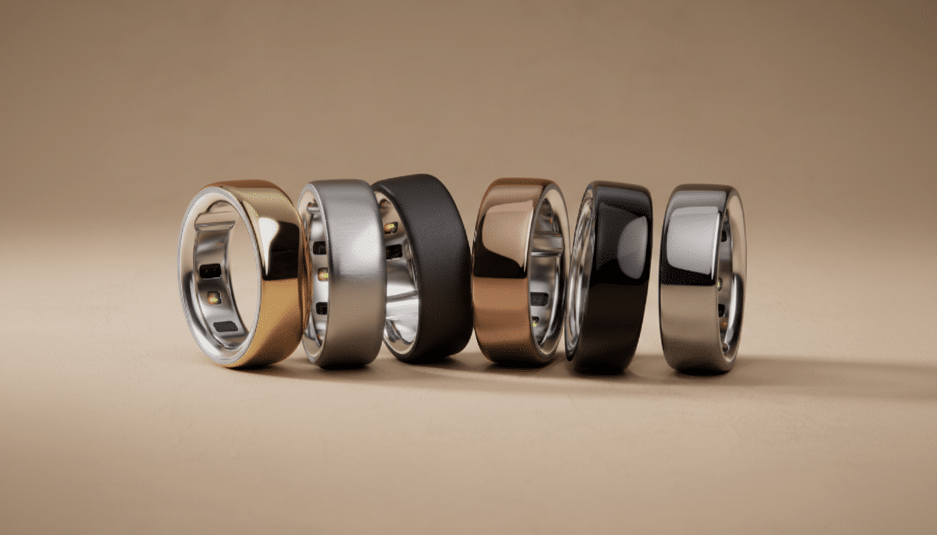 A row of six smart rings in various metallic finishes, including gold, silver, black, and rose gold, presented on a neutral background.