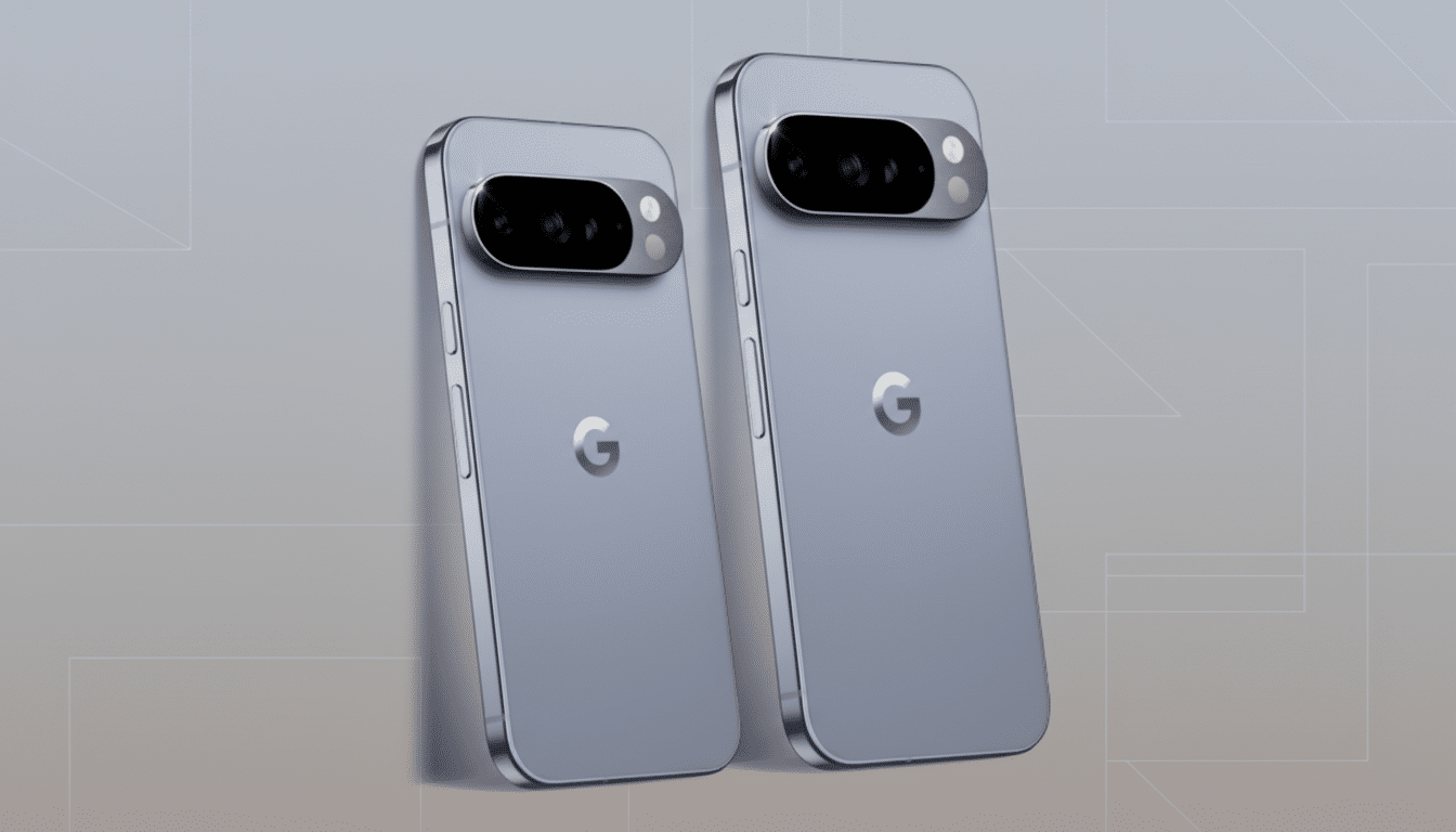 Two light blue Google Pixel phones are shown from the back, angled slightly, with their camera bars and Google logos visible. The background is a professional flat design with soft gray patterns.