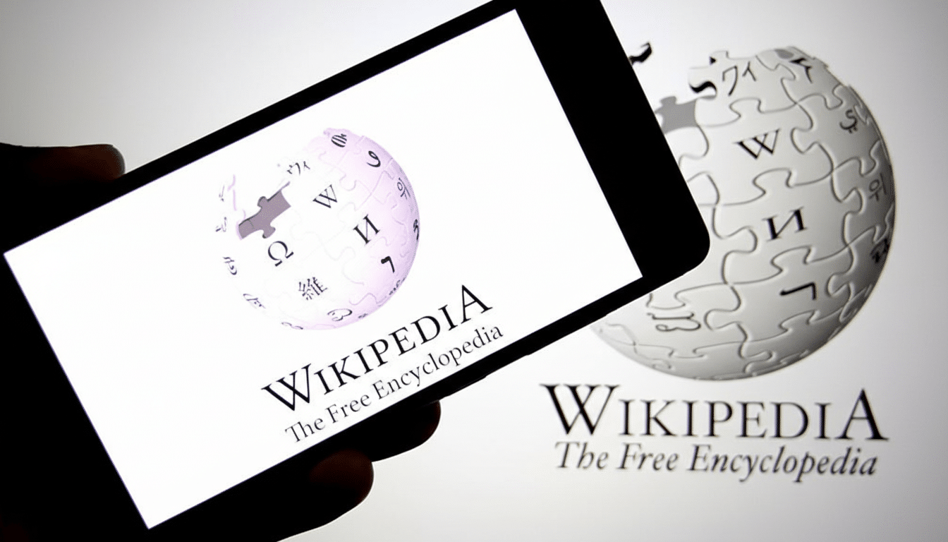 A smartphone displaying the Wikipedia logo and text, held in front of a larger, out-of-focus Wikipedia logo.