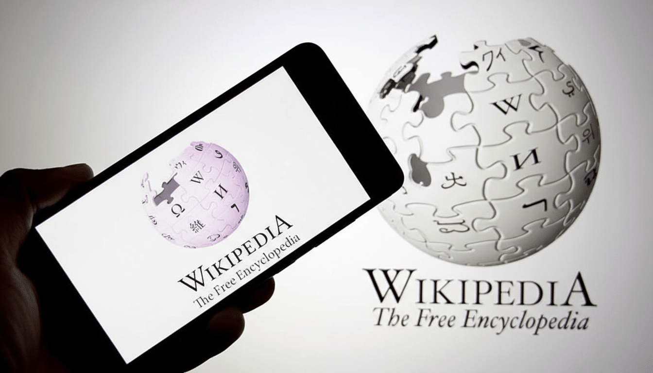 A hand holding a smartphone displaying the Wikipedia logo and text, with a larger Wikipedia puzzle globe logo in the background.
