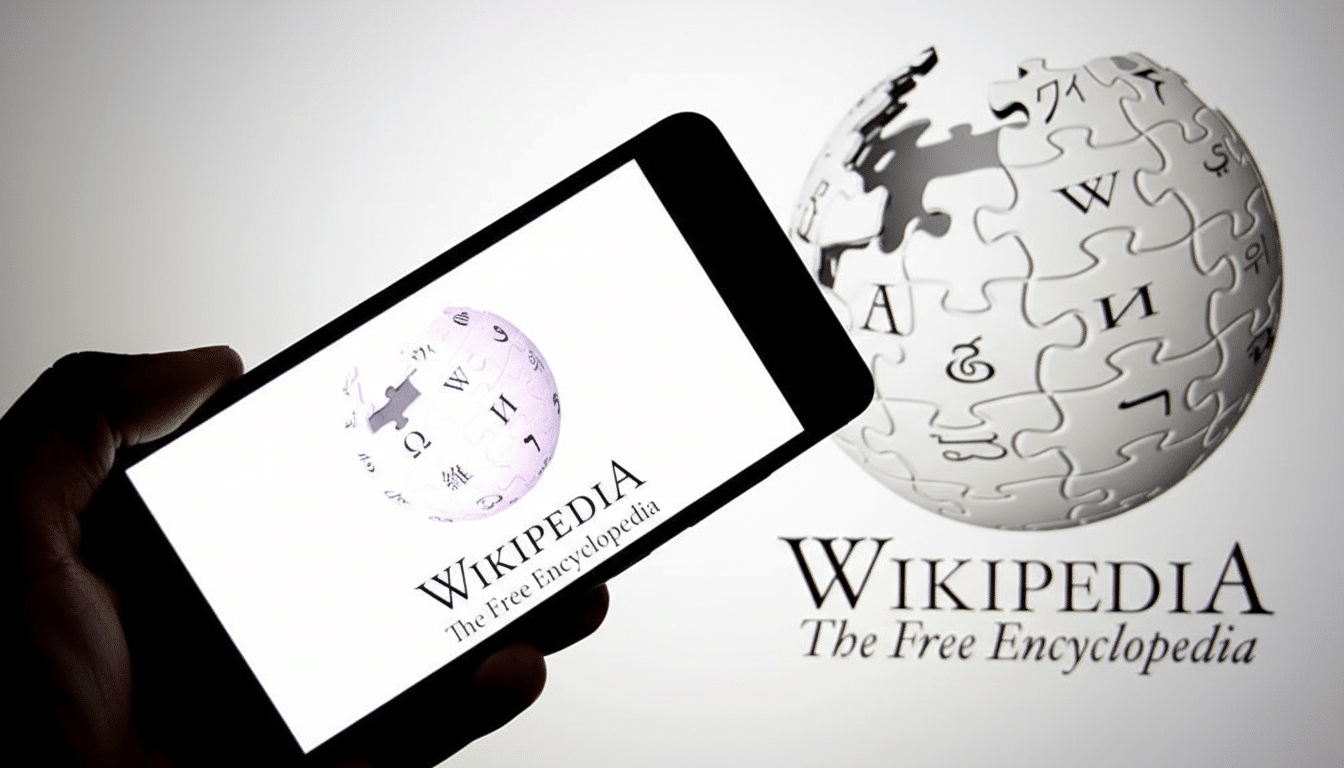 A hand holding a smartphone displaying the Wikipedia logo and name, with a larger, partially assembled Wikipedia puzzle globe logo in the background.