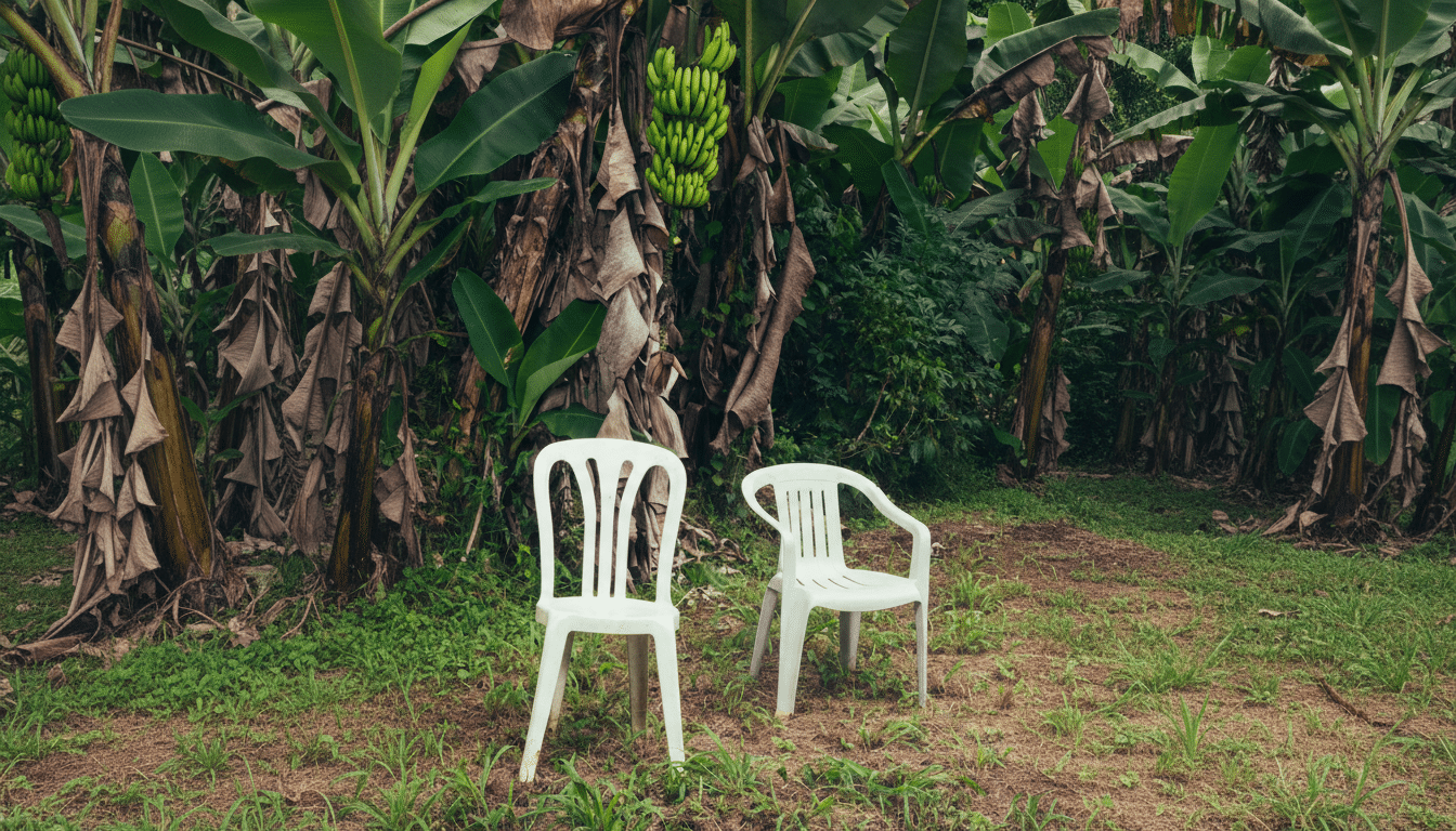 Two white plastic chairs sit on grassy ground in front of banana trees with a bunch of green bananas hanging from one.