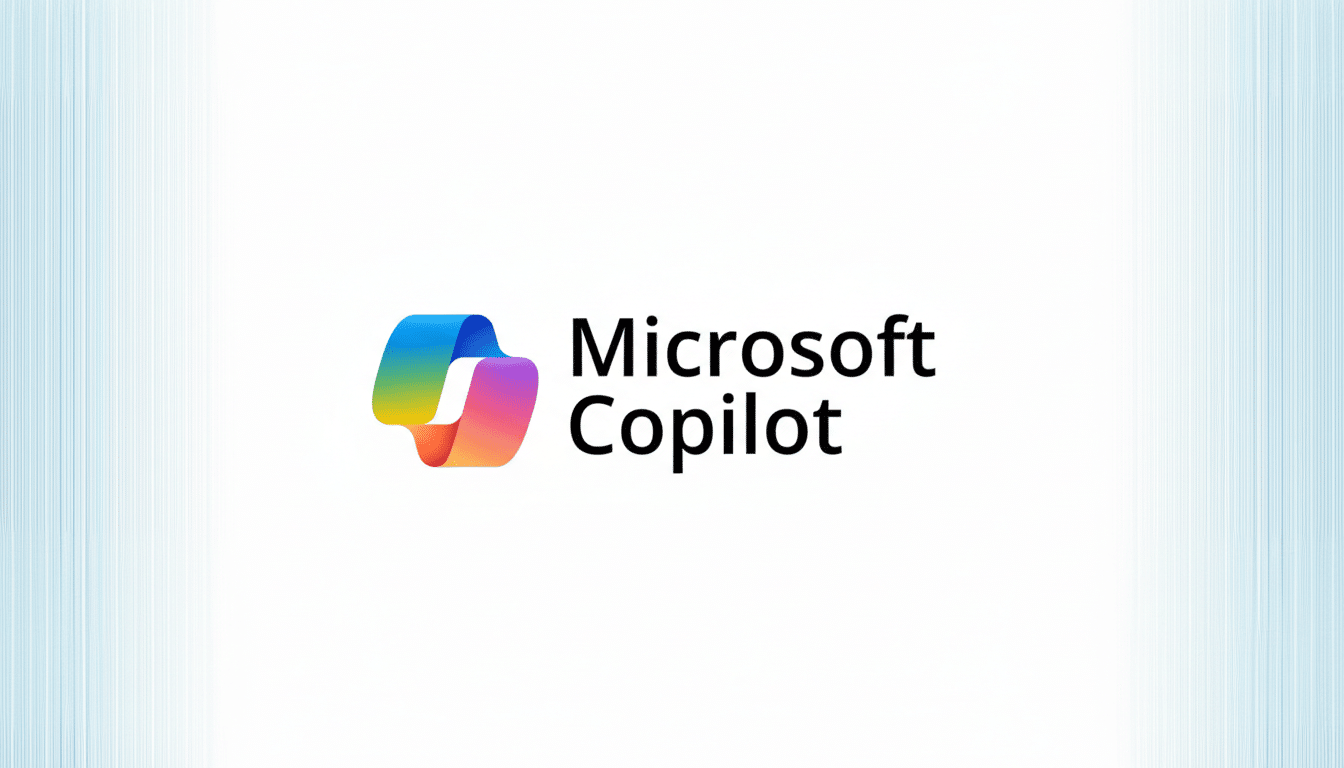 The Microsoft Copilot logo and text on a white background with subtle blue vertical lines on the sides, resized to a 16:9 aspect ratio.