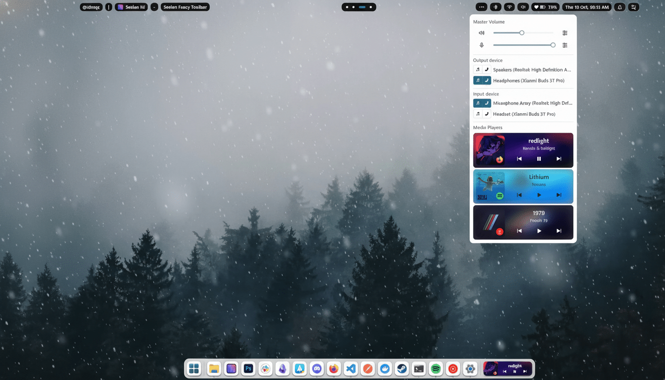 A desktop screenshot showing a snowy forest background with a volume and media player control panel open on the right side.