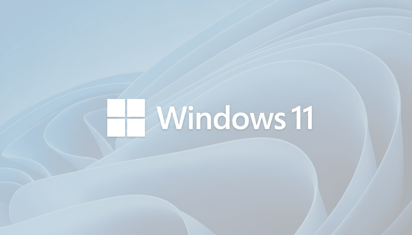 The Windows 11 logo and text are centered on a light blue background with a subtle, wavy pattern.