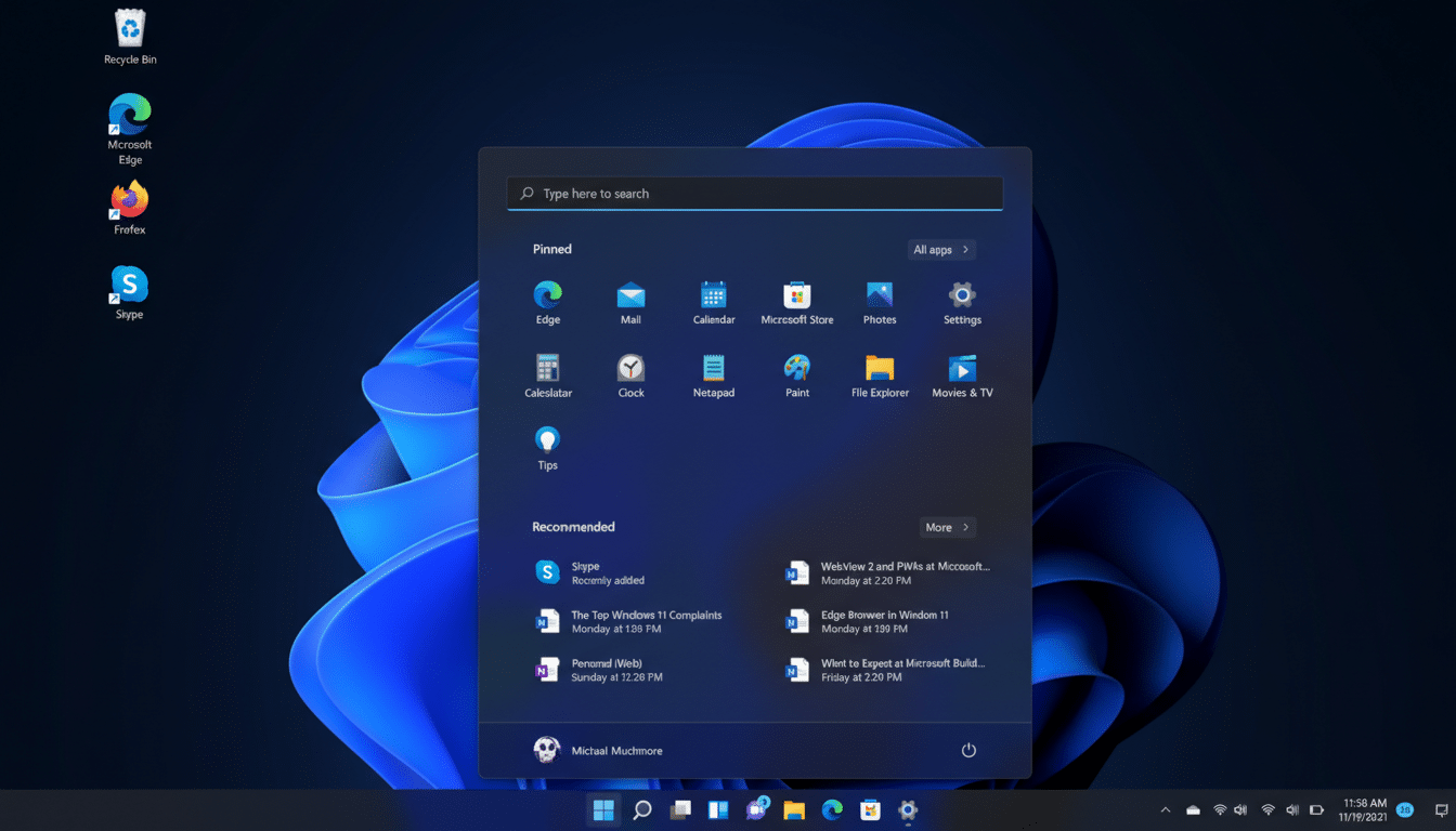 A screenshot of the Windows 11 desktop with the Start menu open, displaying pinned apps and recommended documents.