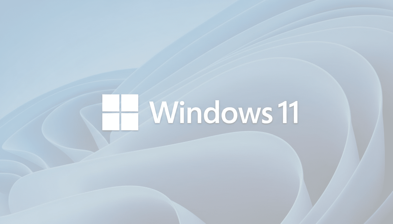 The Windows 11 logo and text on a light blue and white abstract background.