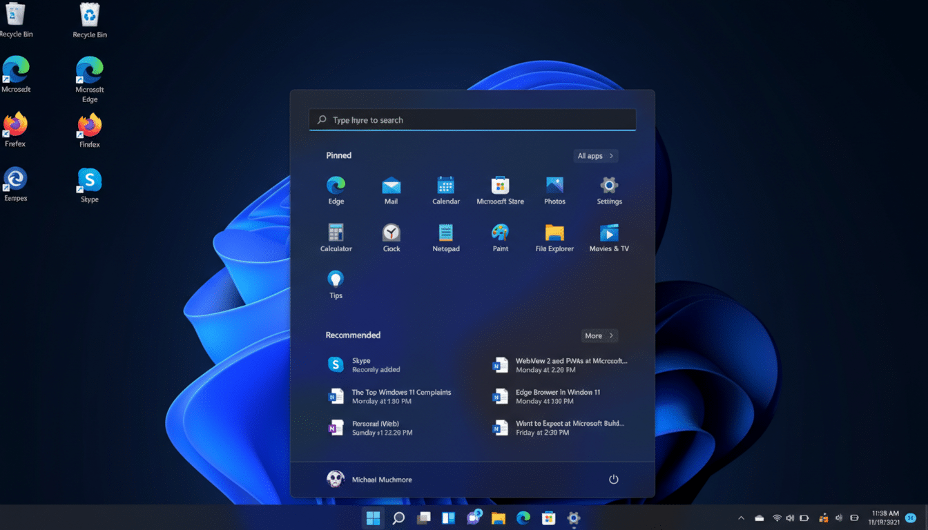 A screenshot of the Windows 11 desktop with the Start menu open, displaying pinned apps and recommended documents.