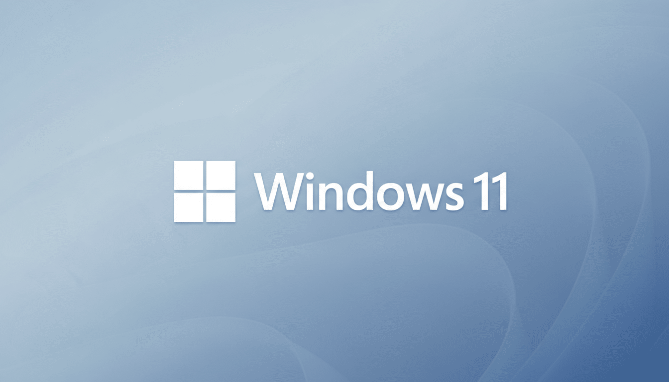 The Windows 11 logo and text on a professional flat design background with soft blue gradients and subtle patterns.