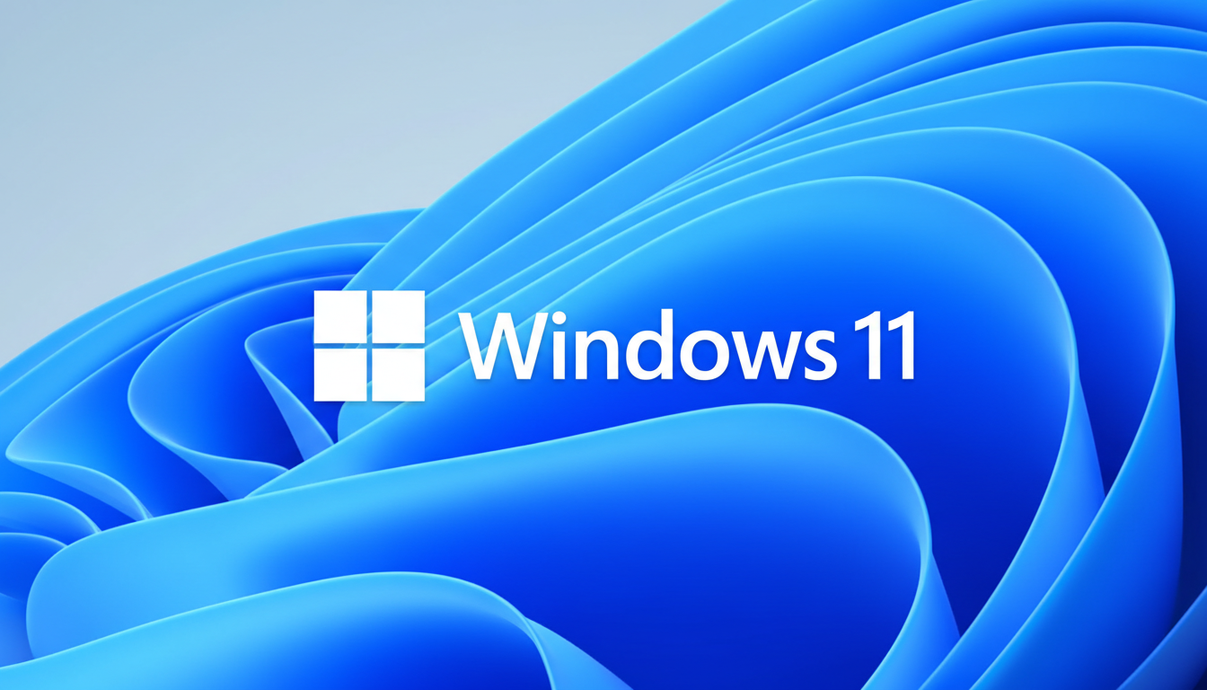 The Windows 11 logo and text are displayed over a blue, flowing abstract background.
