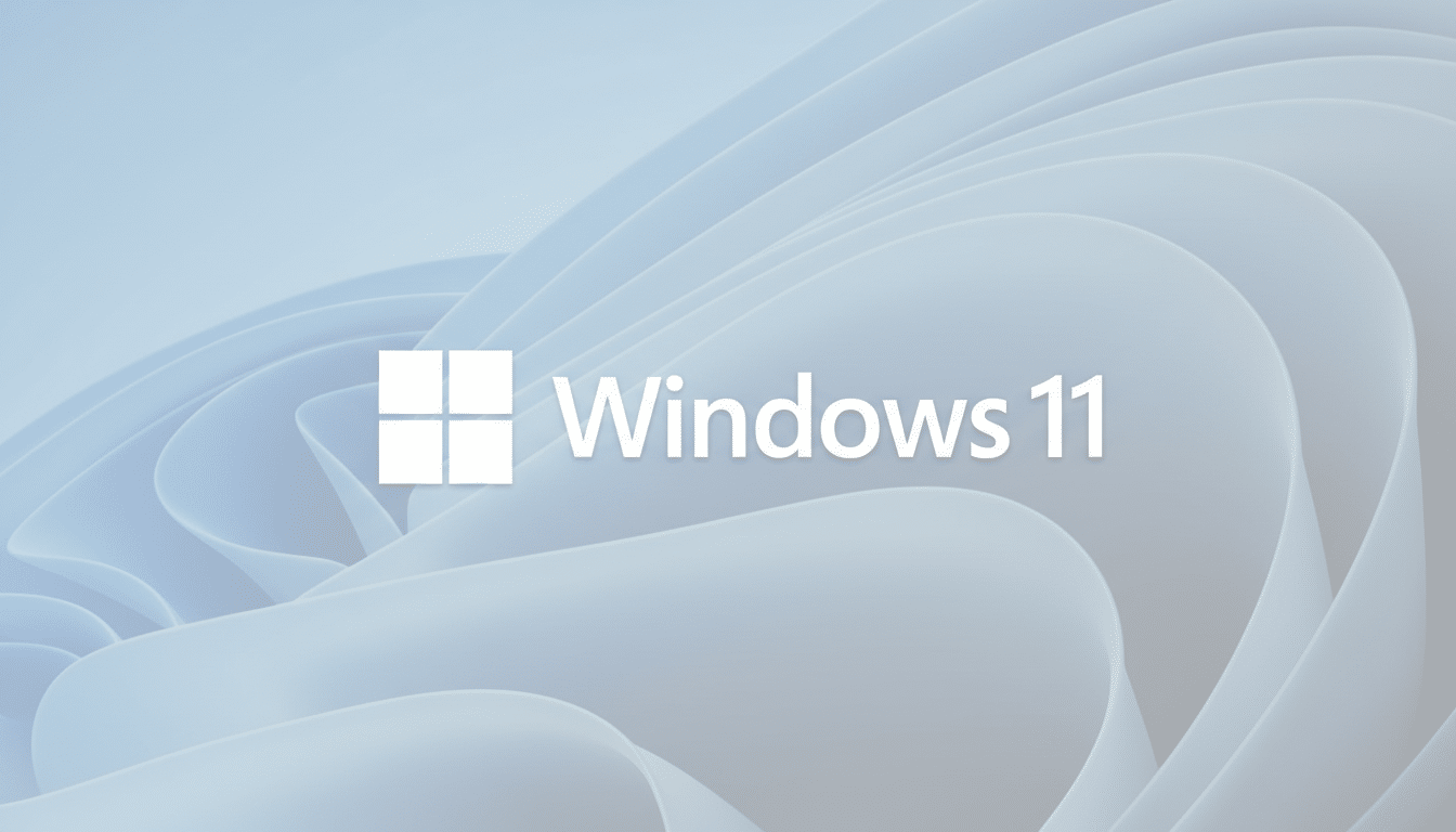 The Windows 11 logo and text on a professionally enhanced background with soft patterns and gradients, resized to a 16:9 aspect ratio.