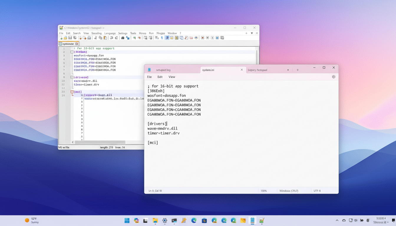A screenshot of two Notepad windows open on a Windows desktop with a purple and pink gradient background. The front window is titled system.ini and displays text related to 16-bit app support and drivers. The back window is titled system.ini and shows similar text.