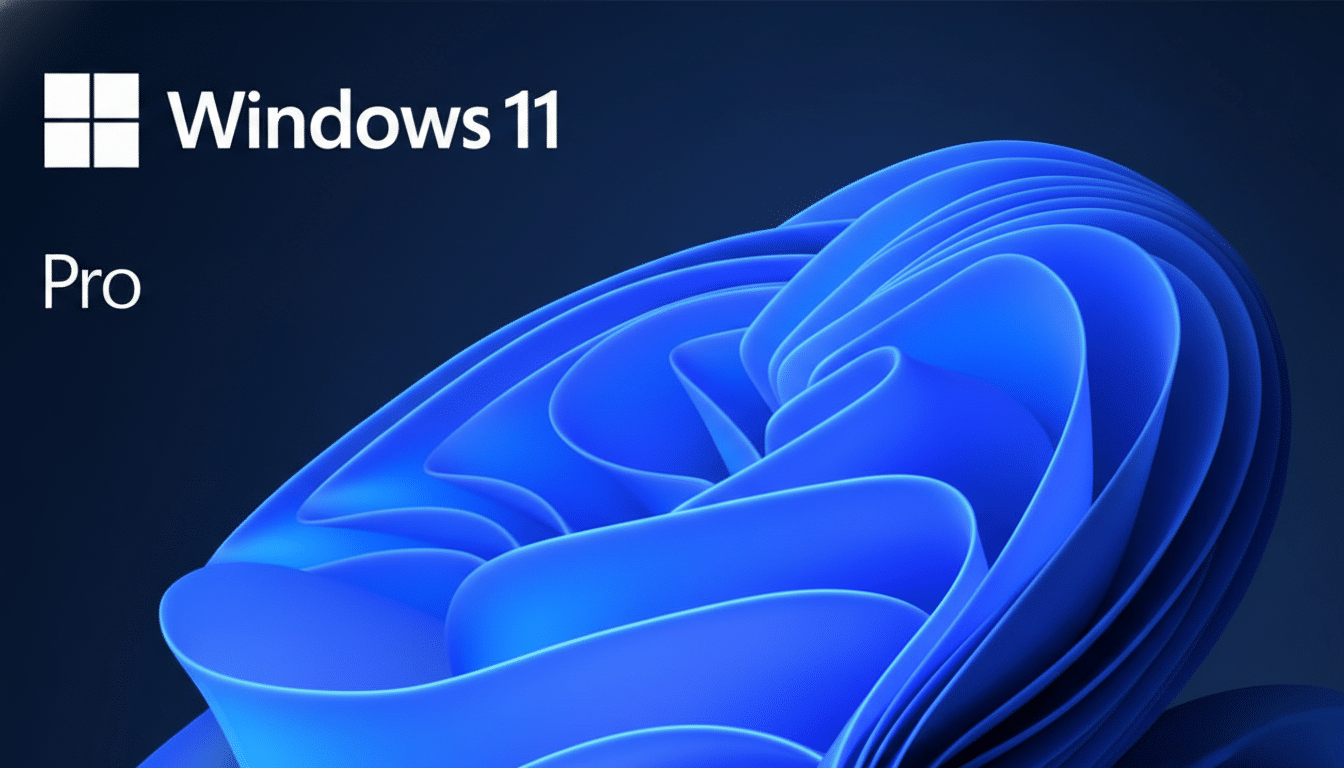 The Windows 11 Pro logo and text are displayed on a dark blue background with a stylized blue wave design.