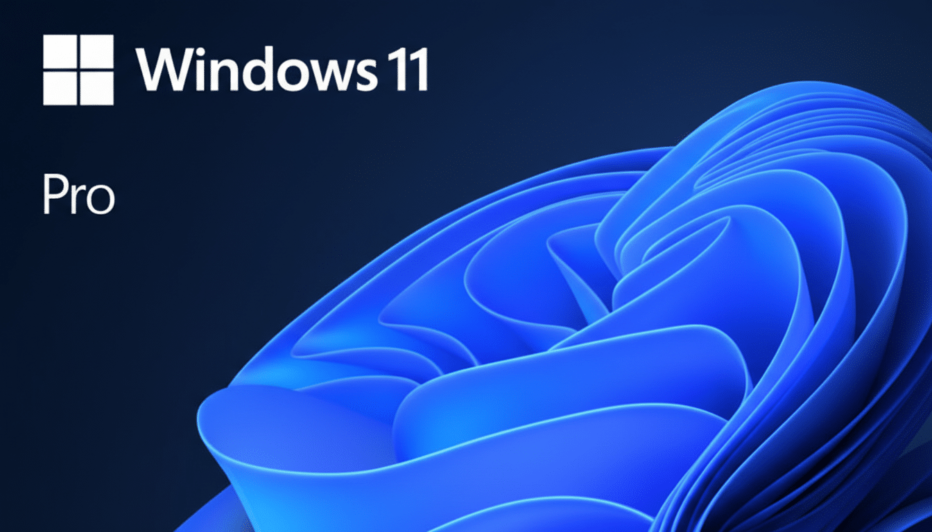 The Windows 11 Pro logo and text are displayed on a dark blue background with a stylized, flowing blue graphic in the lower right, resized to a 16:9 aspect ratio.