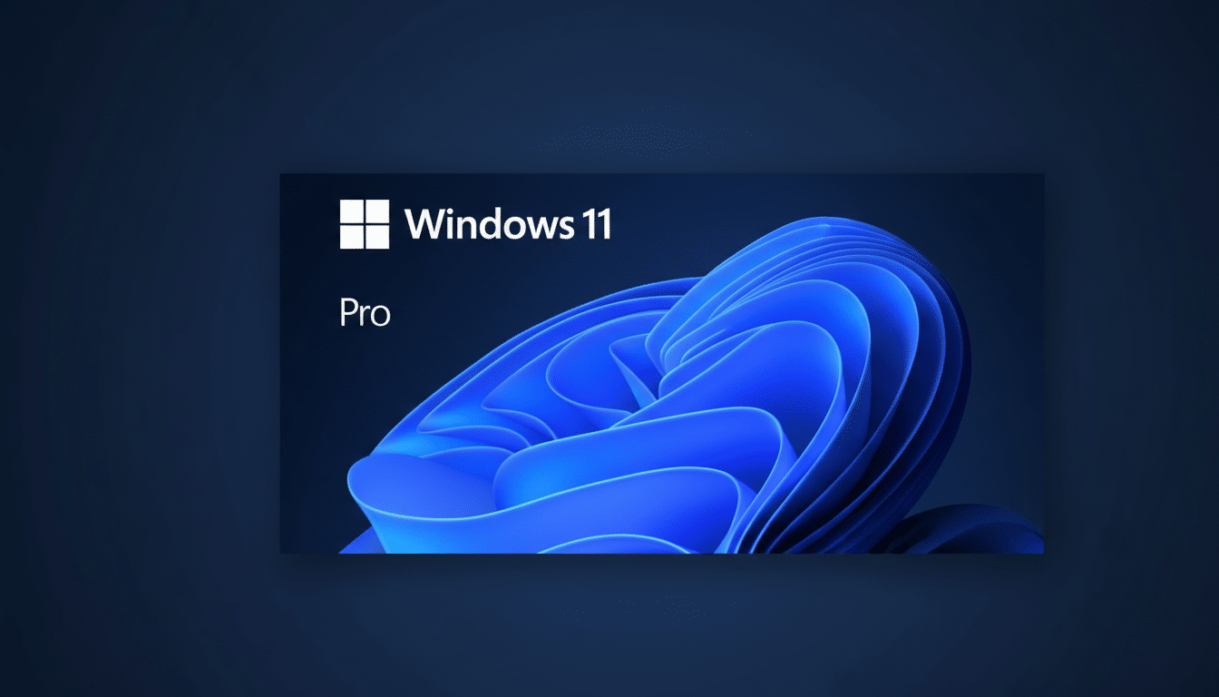 The Windows 11 Pro logo and text are centered on a dark blue background with a subtle gradient, maintaining the original design within a 16:9 aspect ratio.