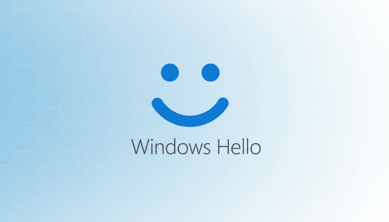 The Windows Hello logo, a blue smiley face, with the words Windows Hello beneath it, set against a professional light blue background with a subtle hexagonal pattern.