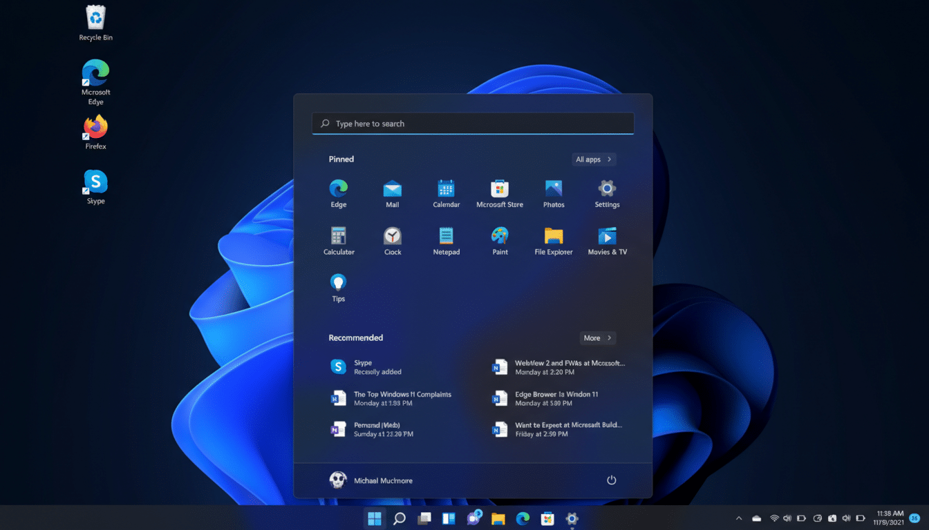 A screenshot of the Windows 11 desktop with the Start menu open, displaying pinned apps and recommended items.