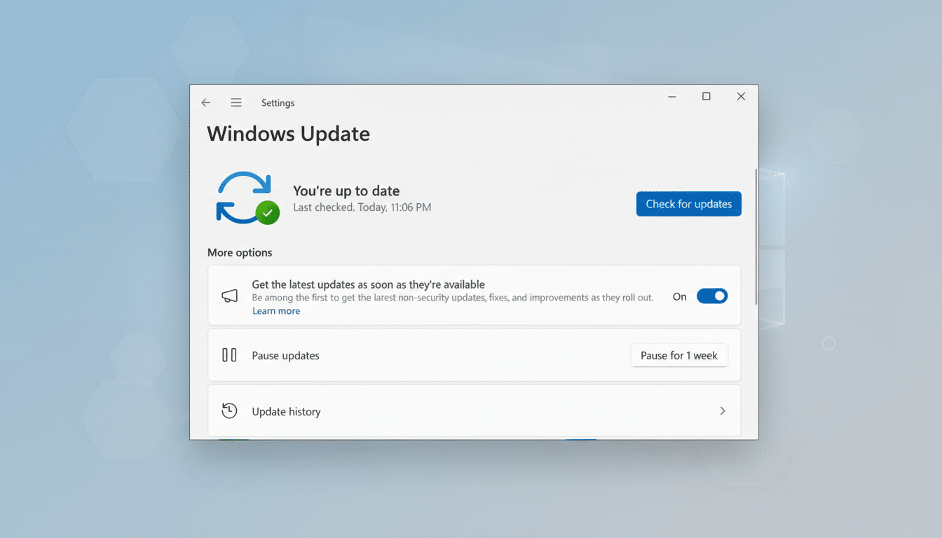 A screenshot of the Windows Update settings window, showing that the system is up to date, with a professional flat design background featuring soft hexagonal patterns.