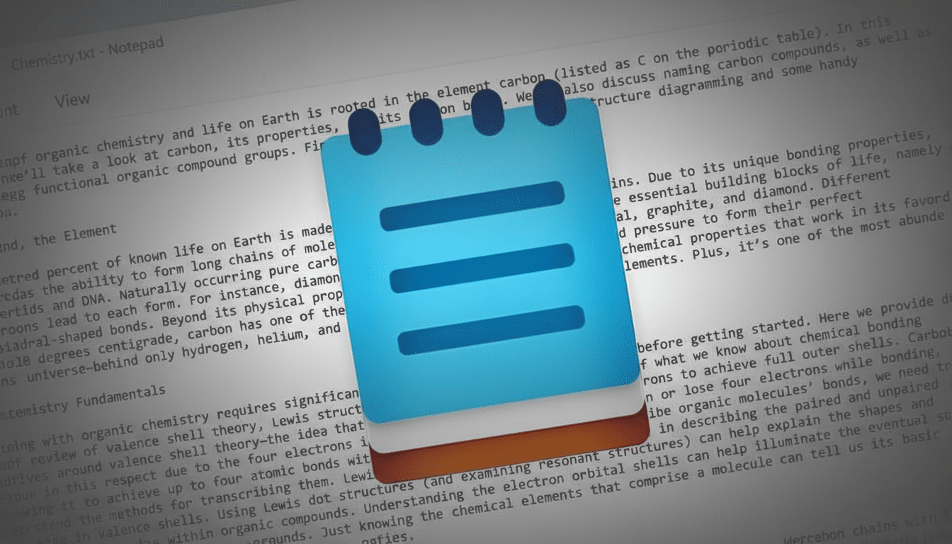 A blue notepad icon with three horizontal lines on its pages, centered over a blurred background of a text document open in Notepad.