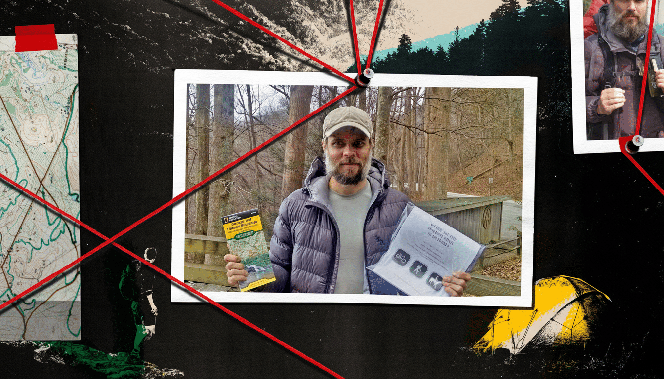 A man holding a map and a guide, standing in a forest.